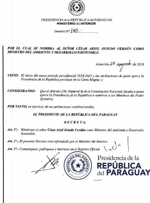 Cesar Ariel Oviedo Verdún fue nombrado como titular del Ministerio del Ambiente y Desarrollo Sostenible