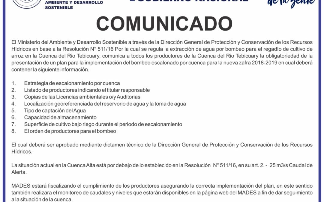 Productores del Río Tebicuary deben presentar plan para implementar bombeo escalonado
