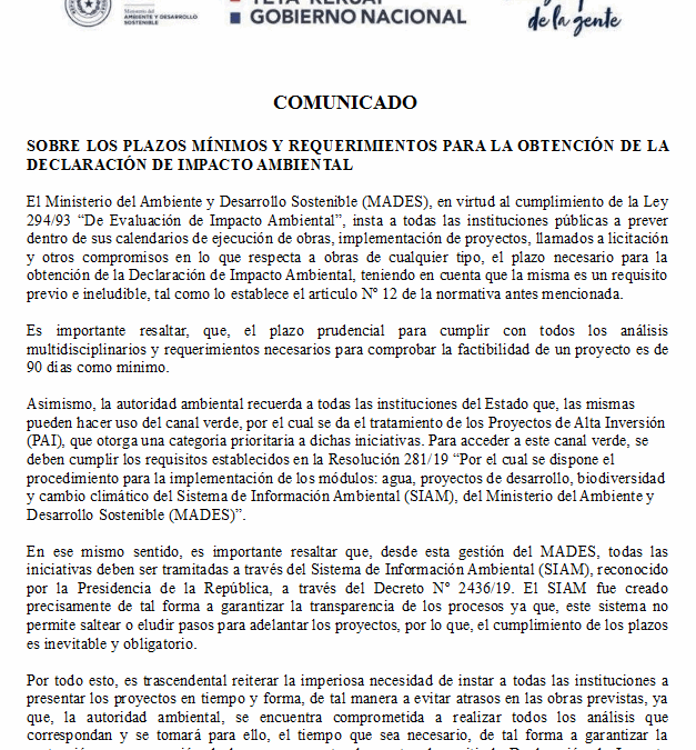 COMUNICADO:  SOBRE LOS PLAZOS MÍNIMOS Y REQUERIMIENTOS PARA LA OBTENCIÓN DE LA DECLARACIÓN DE IMPACTO AMBIENTAL