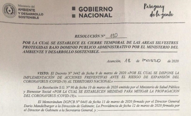 MADES dispuso el cierre de 7 áreas protegidas como medida ante el Coronavirus