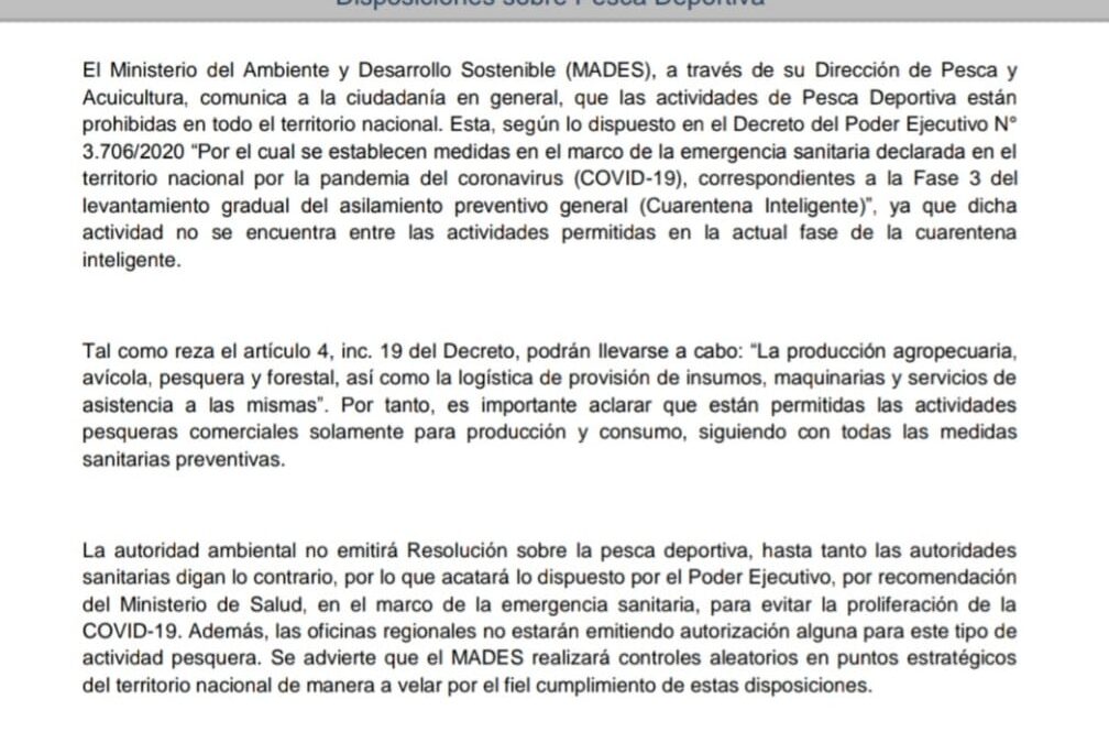 COMUNICADO – Disposiciones sobre Pesca Deportiva