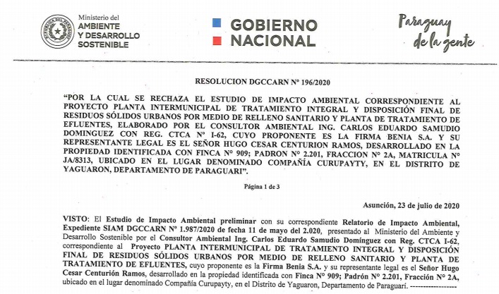 Tras evaluación técnica el MADES rechaza Estudio de Impacto Ambiental de Benia S.A.