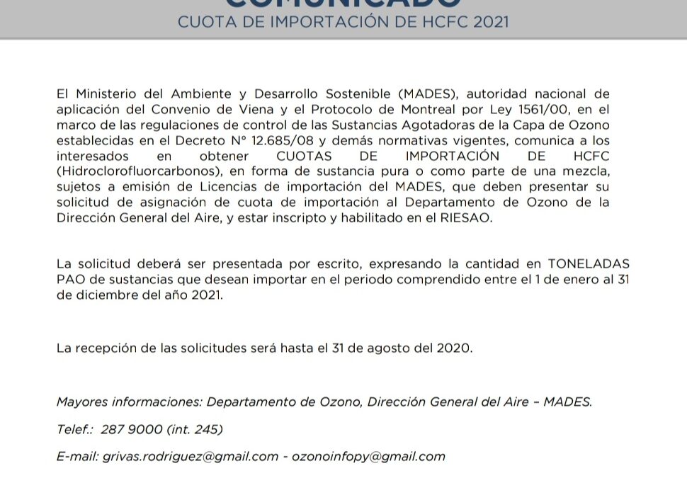 COMUNICADO – Cuota de importación de HCFC 2021