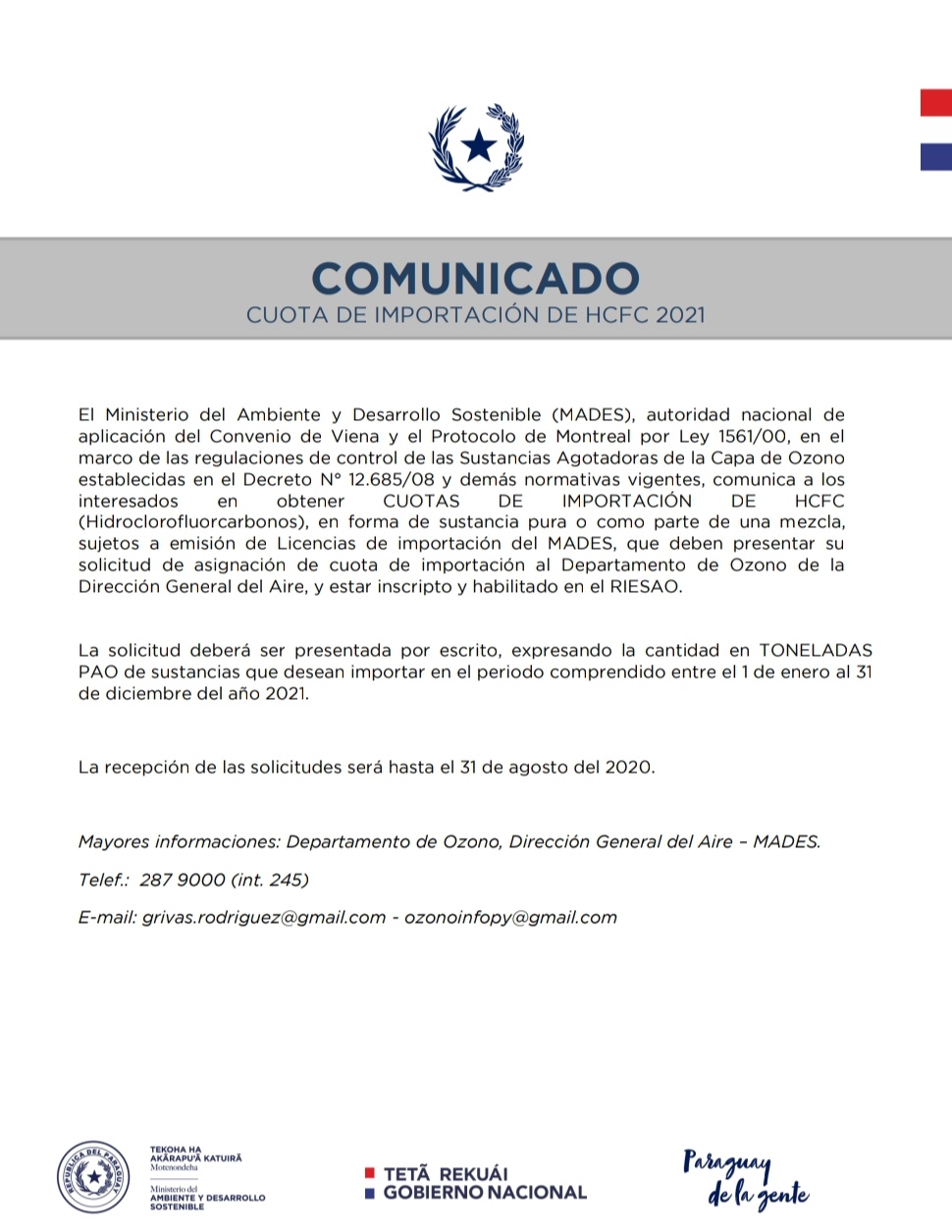 COMUNICADO – Cuota de importación de HCFC 2021