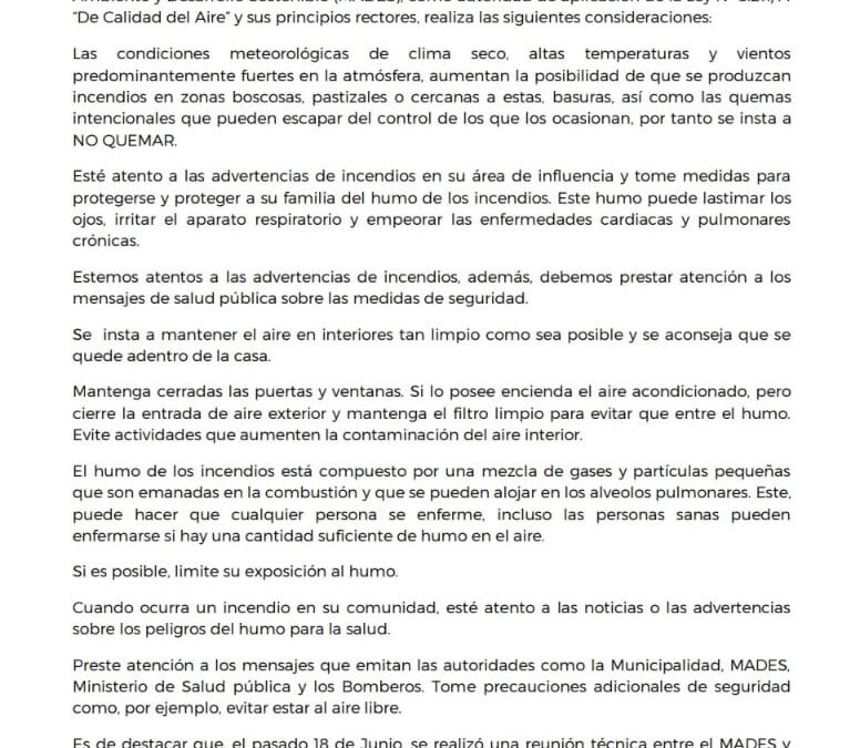 COMUNICADO – Recomendaciones para protegerse del humo provocado por incendios