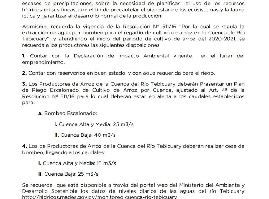 COMUNICADO – Regulación de extracción de agua en la Cuenca del Tebicuary