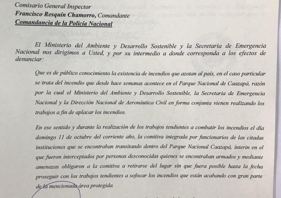 Solicitan apoyo a la Comandancia y a la SENAD para continuar con el combate contra incendios en el Parque Nacional Caazapá