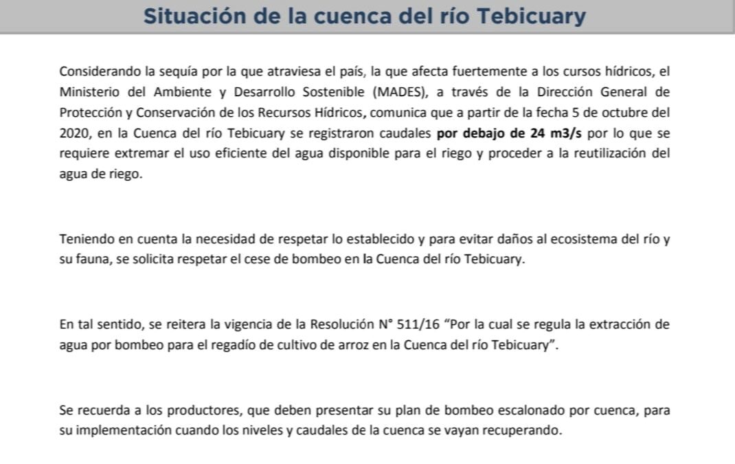 COMUNICADO – Situación de la cuenca del río Tebicuary