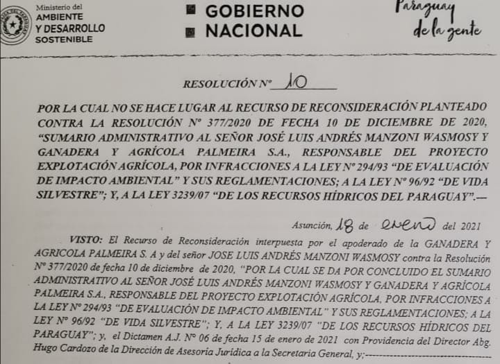 MADES rechaza recurso de reconsideración promovida por Palmeiras S.A.