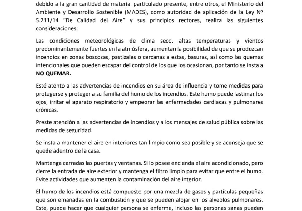 COMUNICADO – Recomendaciones para protegerse del humo provocado por incendios