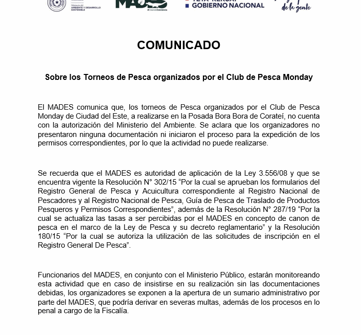 COMUNICADO – Sobre los Torneos de Pesca organizados por el Club de Pesca Monday