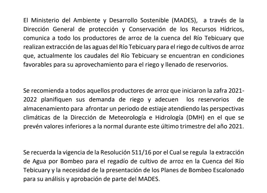 COMUNICADO – Sobre las condiciones actuales de la Cuenca del Río Tebicuary