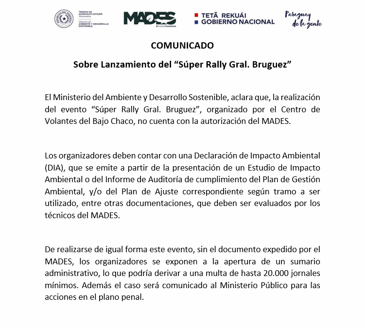 COMUNICADO – Sobre Lanzamiento del “Súper Rally Gral. Bruguez”