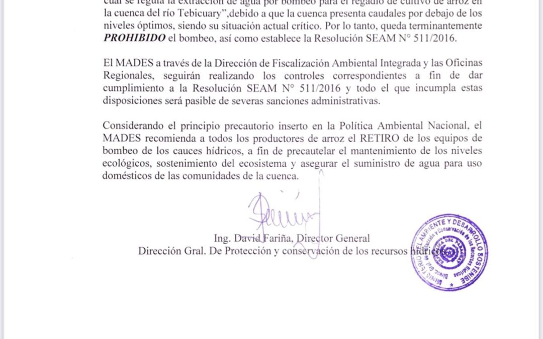 MADES reitera cese total de bombeo en el Tebicuary y recomienda retiro de equipos de bombeo