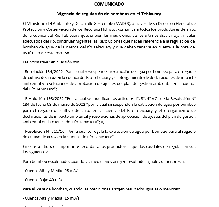 COMUNICADO: Vigencia de regulación de bombeos en el Tebicuary