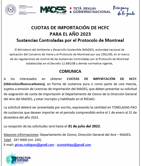 Cuotas de importación de sustancias HCFC para el año 2023