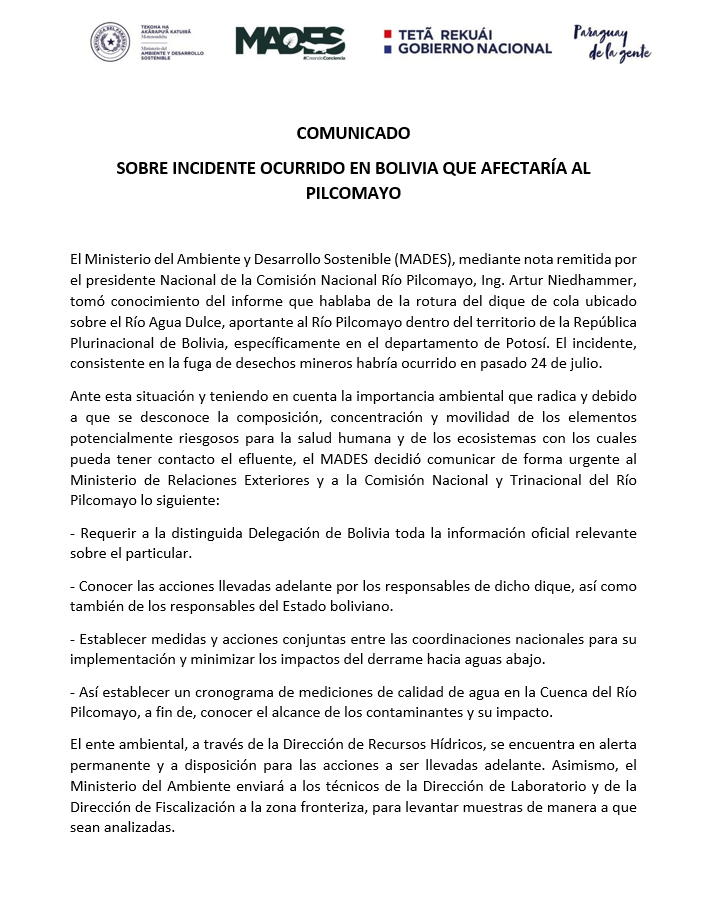 COMUNICADO: SOBRE INCIDENTE OCURRIDO EN BOLIVIA QUE AFECTARÍA AL PILCOMAYO