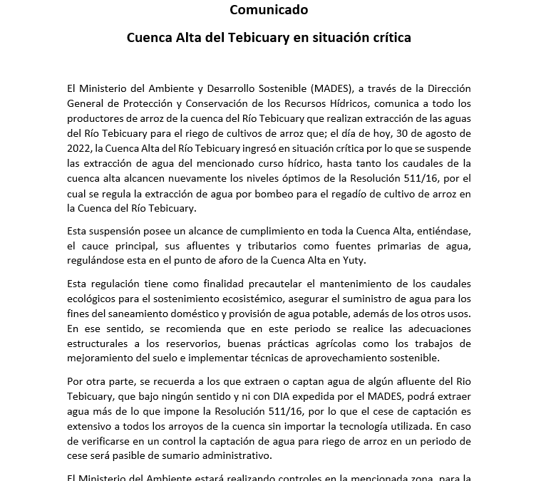 Comunicado: Cuenca Alta del Tebicuary en situación crítica