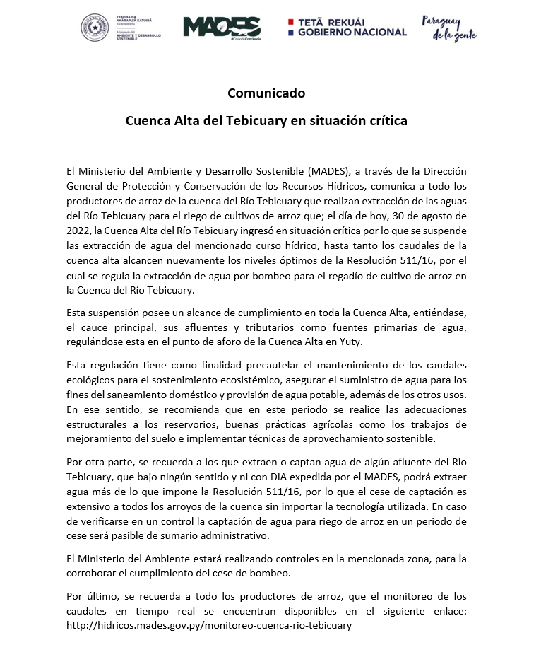 Comunicado: Cuenca Alta del Tebicuary en situación crítica