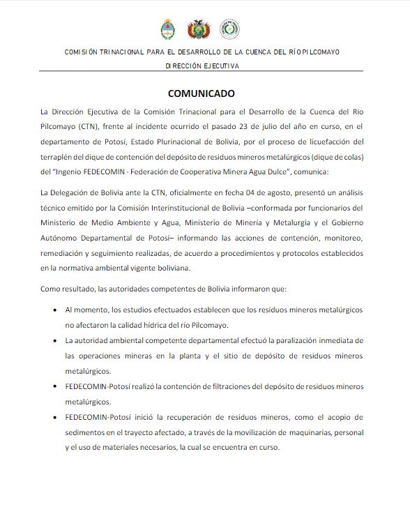 Bolivia informó ante Comisión del Pilcomayo de acciones desarrolladas ante el incidente minero ocurrido en Potosí
