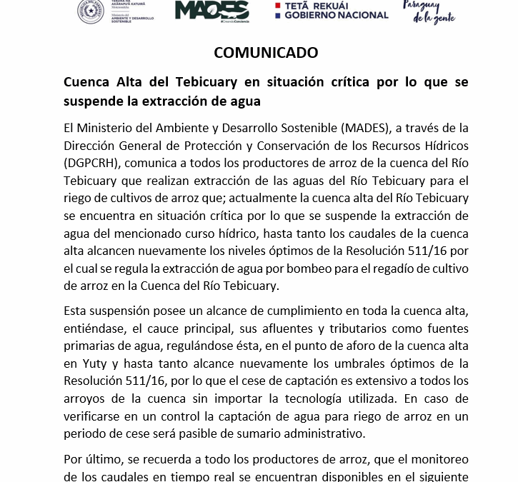 Comunicado: Cuenca Alta del Tebicuary en situación crítica por lo que se suspende la extracción de agua