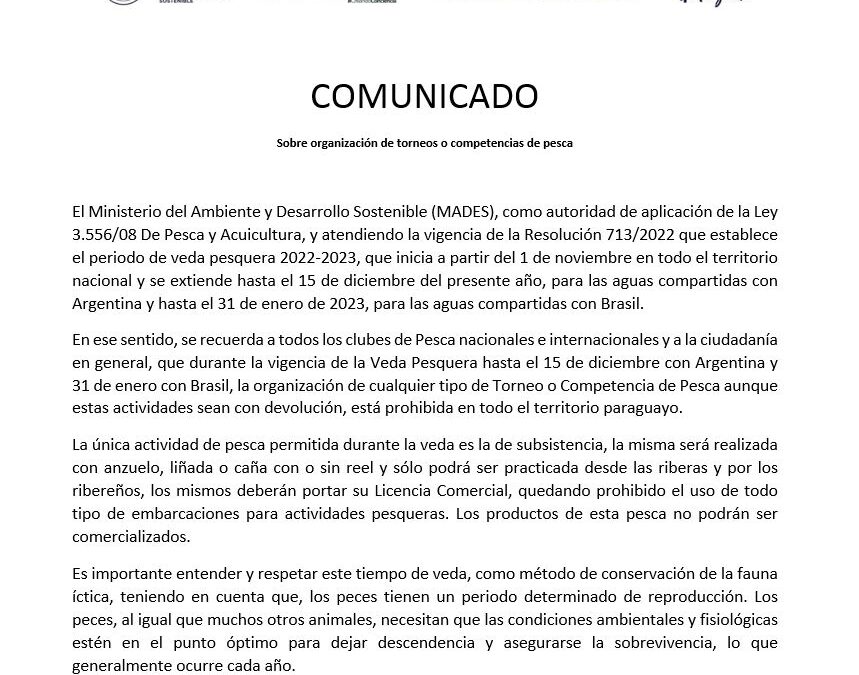 COMUNICADO – SOBRE ORGANIZACIÓN DE TORNEOS O COMPETENCIAS DE PESCA