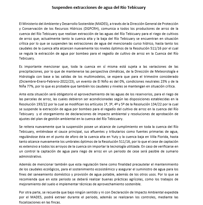 COMUNICADO – Suspenden extracciones de agua del Río Tebicuary