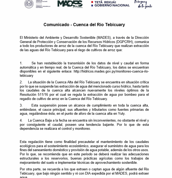 Comunicado – Cuenca del Río Tebicuary