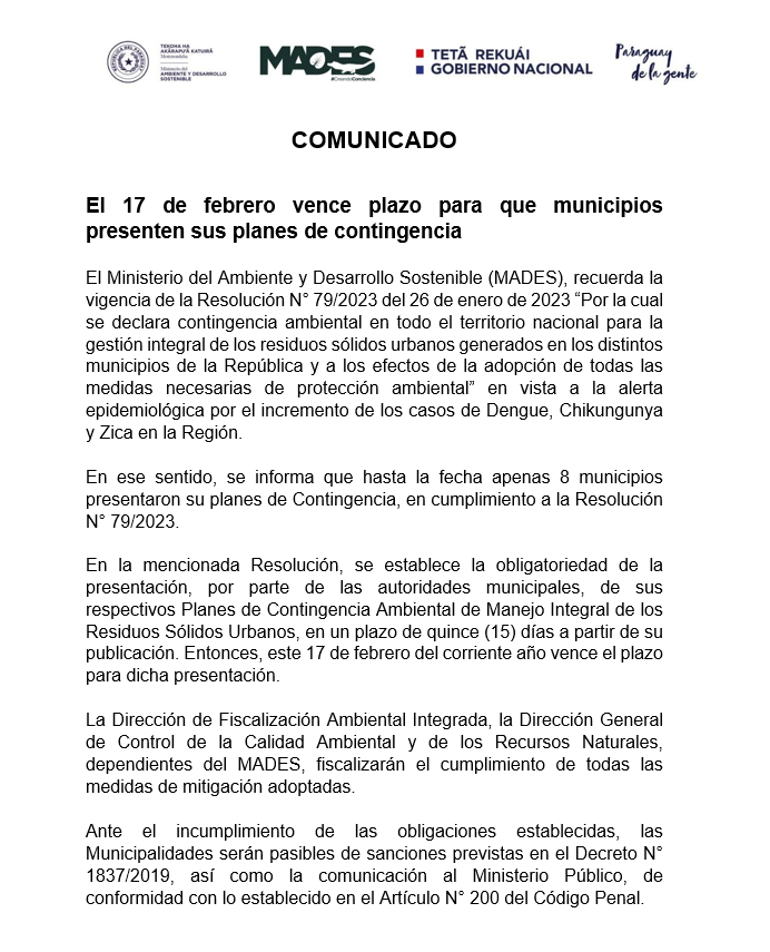 COMUNICADO: El 17 de febrero vence plazo para que municipios presenten sus planes de contingencia