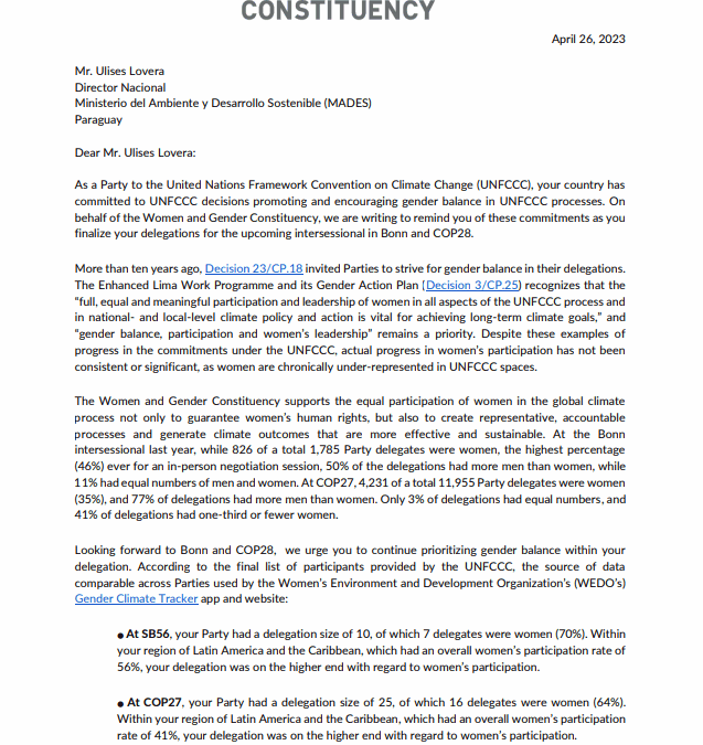Paraguay recibe reconocimiento por parte de la Women and Gender Constituency