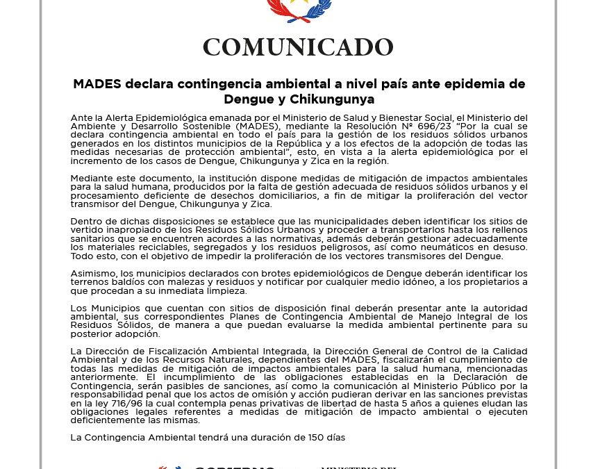 MADES declara contingencia ambiental a nivel país ante epidemia de Dengue y Chikungunya