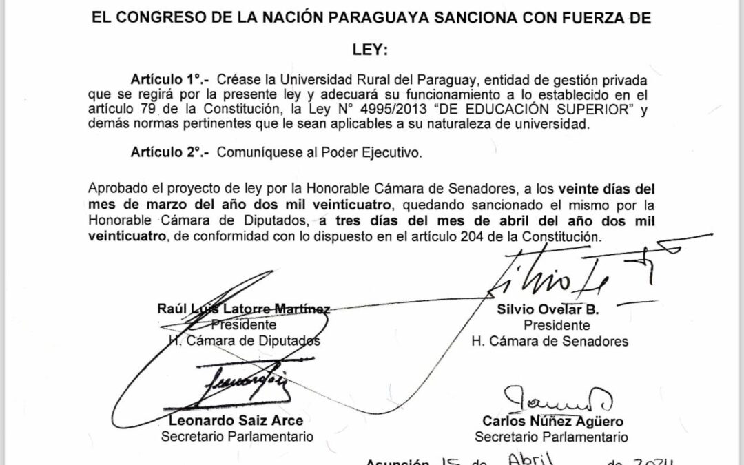 Desarrollo sostenible a través de la Educación: Sancionan creación de la Universidad Rural del Paraguay