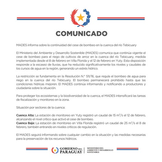 Comunicado: MADES informa sobre la continuidad del cese de bombeo en la cuenca del río Tebicuary