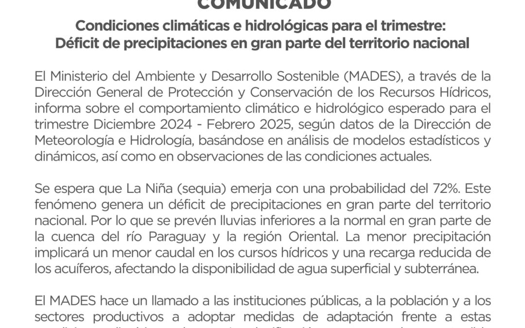 Comunicado: Condiciones climáticas e hidrológicas para el trimestre: Déficit de precipitaciones en gran parte del territorio nacional