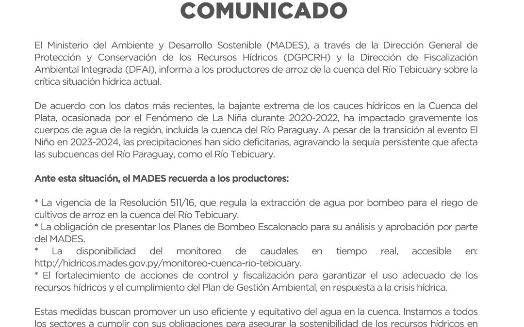 Comunicado: A los productores de las cuencas del río Tebicuary