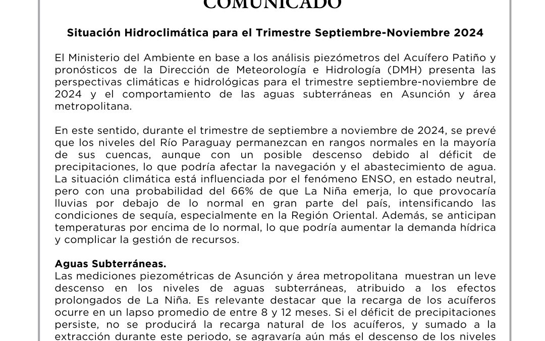 Situación Hidroclimática para el Trimestre Septiembre-Noviembre 2024