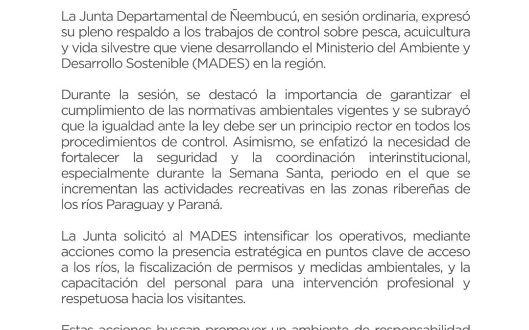 Junta Departamental de Ñeembucú respalda controles del MADES sobre pesca y vida silvestre