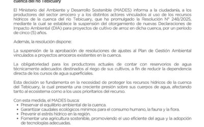 Suspensión de nuevas Declaraciones de Impacto Ambiental para el cultivo de arroz en la cuenca del río Tebicuary