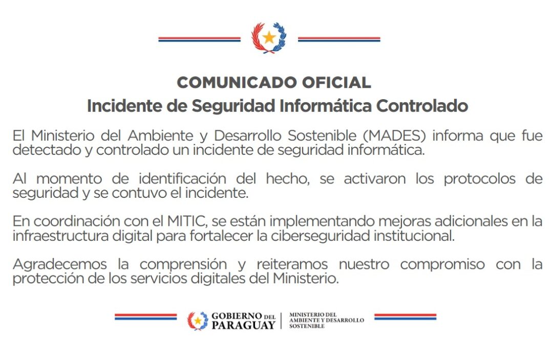 Comunicado Oficial – Incidente de Seguridad Informática Controlado