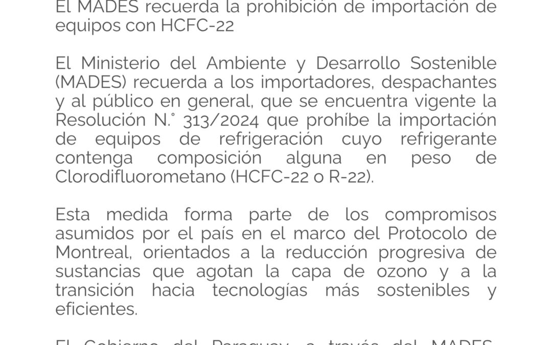 El MADES recuerda la prohibición de importación de equipos con HCFC-22