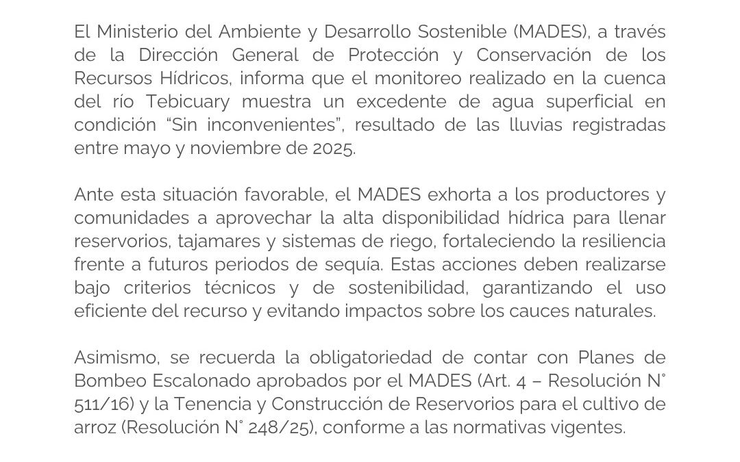 Alta disponibilidad hídrica en la cuenca del río Tebicuary.