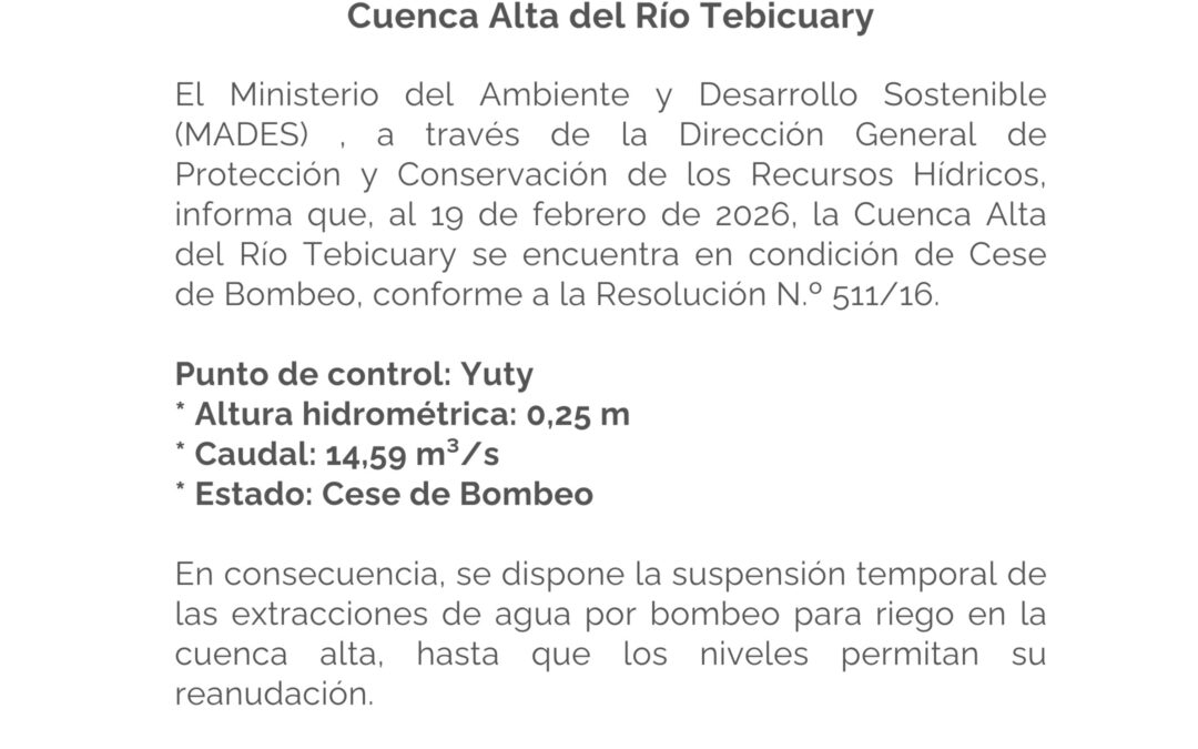 COMUNICADO: Alerta Hidrológica – Cese de Bombeo en la Cuenca Alta del Río Tebicuary