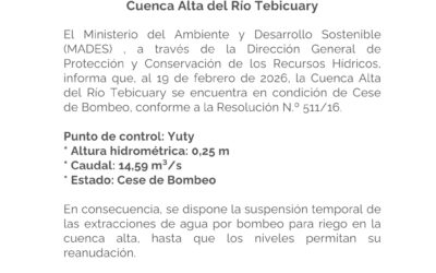 COMUNICADO: Alerta Hidrológica – Cese de Bombeo en la Cuenca Alta del Río Tebicuary